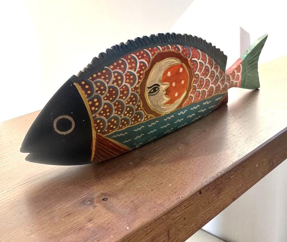 Vintage Wood Mexican Folk Art Fish Moon Large 17” Oaxacan Hand Carved Painted